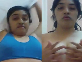 Indian wife reveals her large breasts and hairy moist pussy to her boyfriend in the restroom
