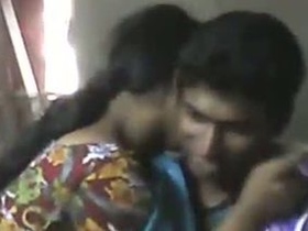 Hot lovers in a nude village scene with boob press and kissing